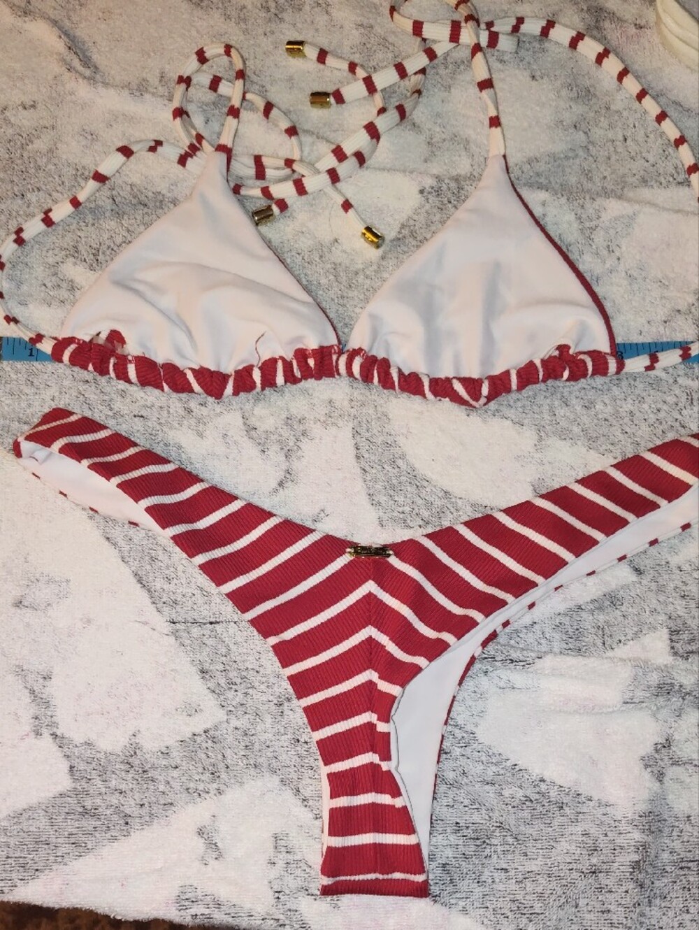 Beach Bunny Red and White Striped Ribbed Triangle Bikini Set - Picture 4 of 4